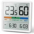 A humidity meter that also shows the temperature. Below that there is a bar that is orange, green and blue that corresponds to dry comfort and wet. Below that bar are the time and date.